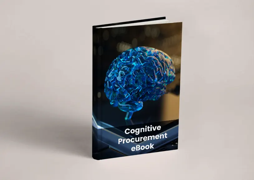 A hardcover book standing upright, its cover showing a glowing blue glass brain above the title cognitive procurement ebook