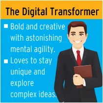 A link to the digital transformer section: a card of a smiling man in a suit, bold, creative and fond of complex ideas