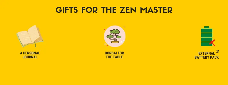 Three gift ideas for the zen master on yellow: a personal journal, a bonsai for the table and an external battery pack