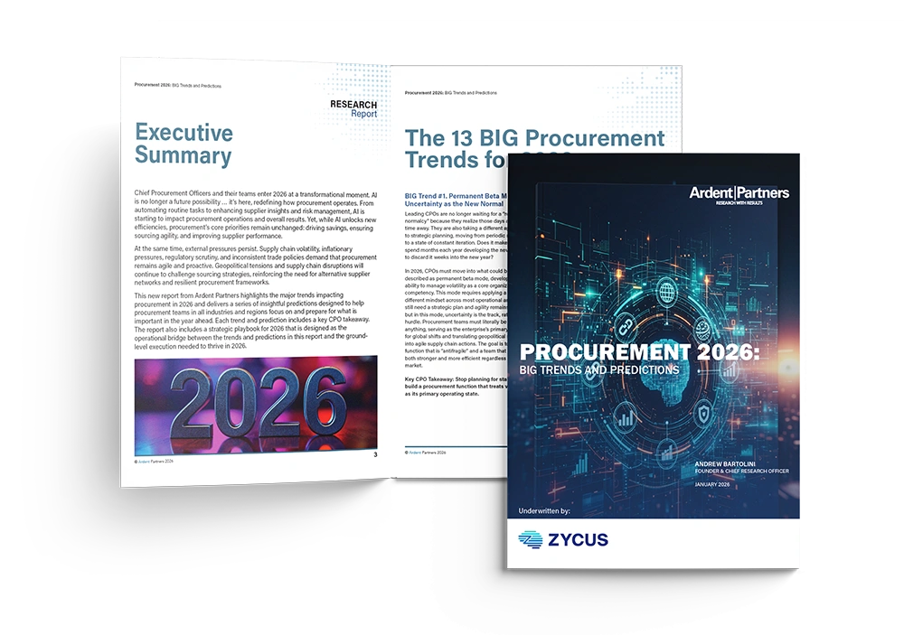A report cover reading Procurement 2026: Big Trends and Predictions beside an open executive summary spread