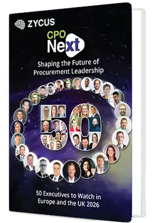 A book cover for CPO Next, shaping the future of procurement leadership, with a ring of portraits around the number 50