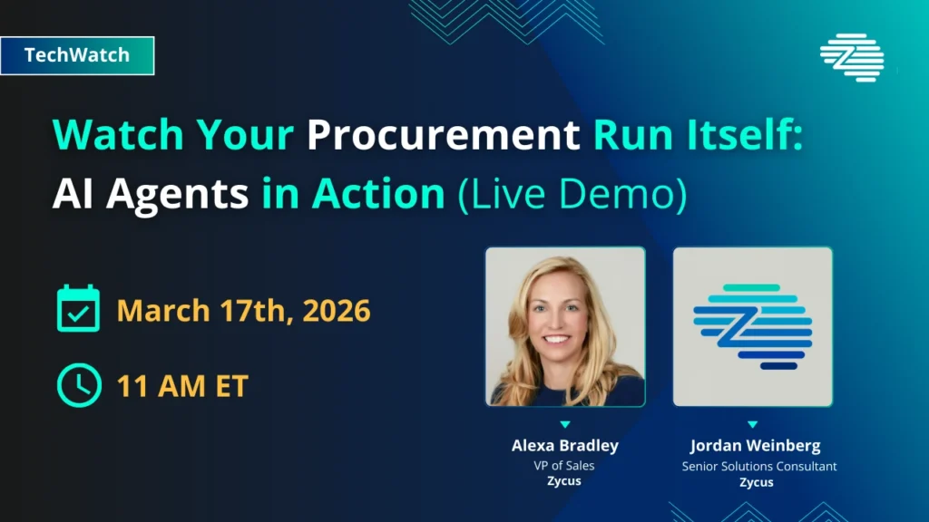 A teal slide for a live demo of AI agents in procurement, dated March 17th, 2026 at 11 AM ET, with two speaker panels