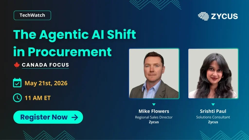 A webinar banner on the Agentic AI shift in procurement, Canada focus, May 21st, 2026 at 11 AM ET, with two speakers