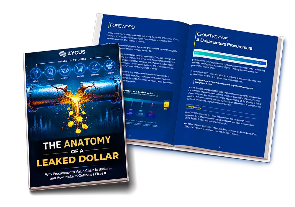 An ebook cover of a cracked pipe pouring golden coins, titled The Anatomy of a Leaked Dollar, next to an open spread