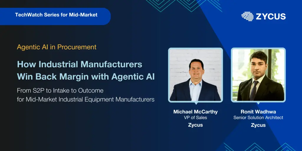 A webinar banner on how industrial manufacturers win back margin with agentic AI, with two speakers