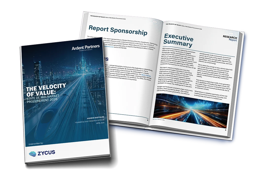 A report cover on the velocity of value in mid-market procurement 2026, beside an open executive summary spread