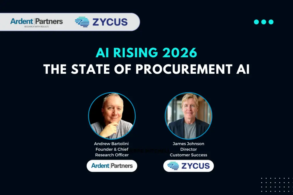 A webinar banner for AI Rising 2026, the state of procurement AI, with two speakers and two company marks