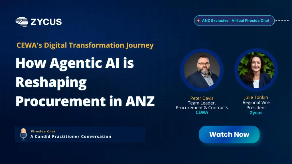 A webinar banner on how agentic AI is reshaping procurement in ANZ, a fireside chat with two speakers