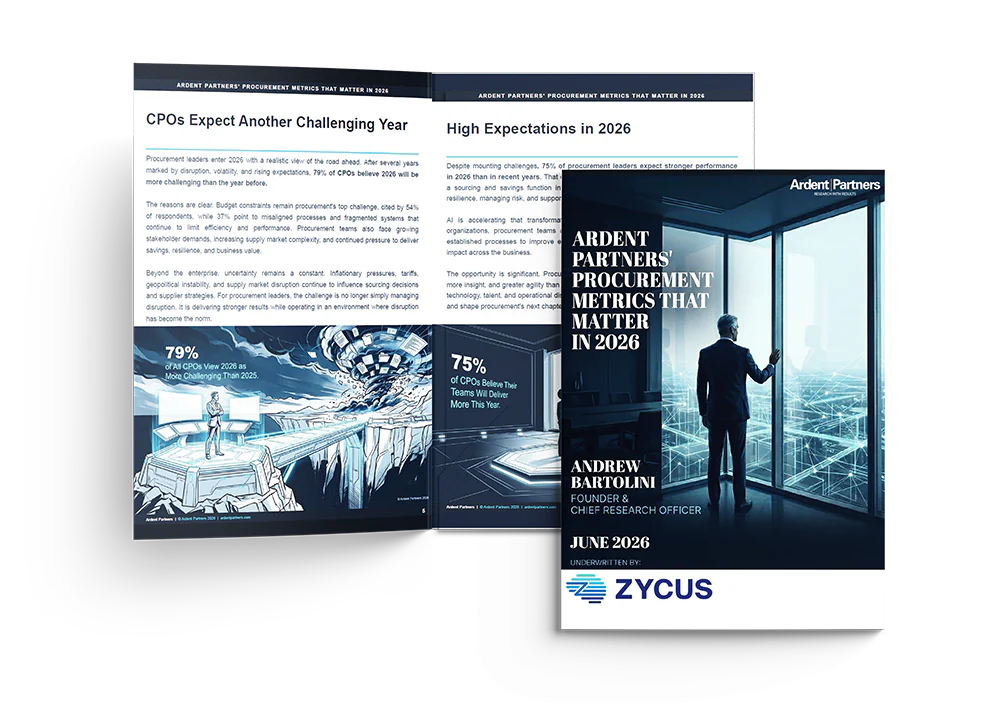 A report cover and open spread on procurement metrics that matter in 2026, with a man gazing over a city