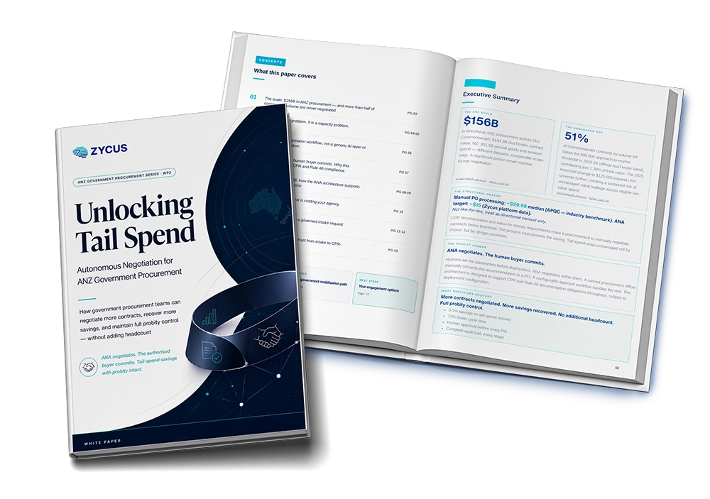 A white paper cover titled unlocking tail spend with a folded ribbon and handshake, beside an executive summary page spread