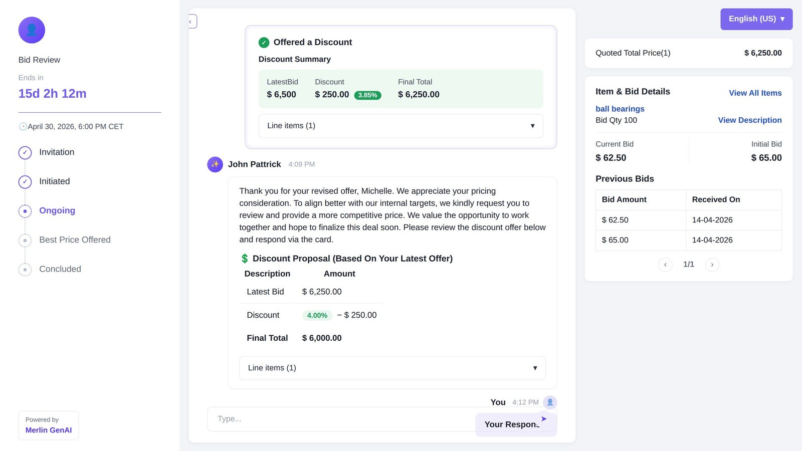 Autonomous Negotiation Agent negotiating a discount with a supplier
