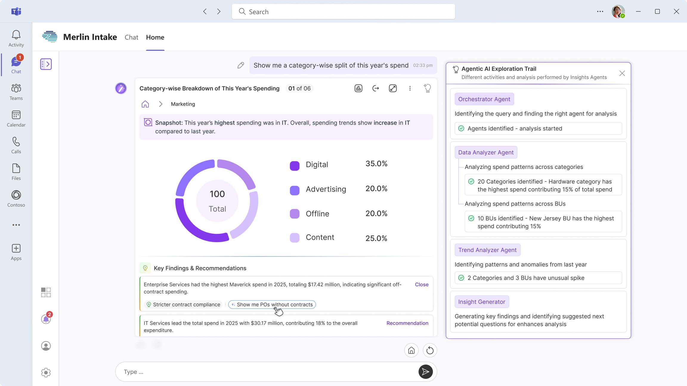 Key findings and recommendations with one-click actions, including stricter contract compliance and a follow-up to show POs without contracts